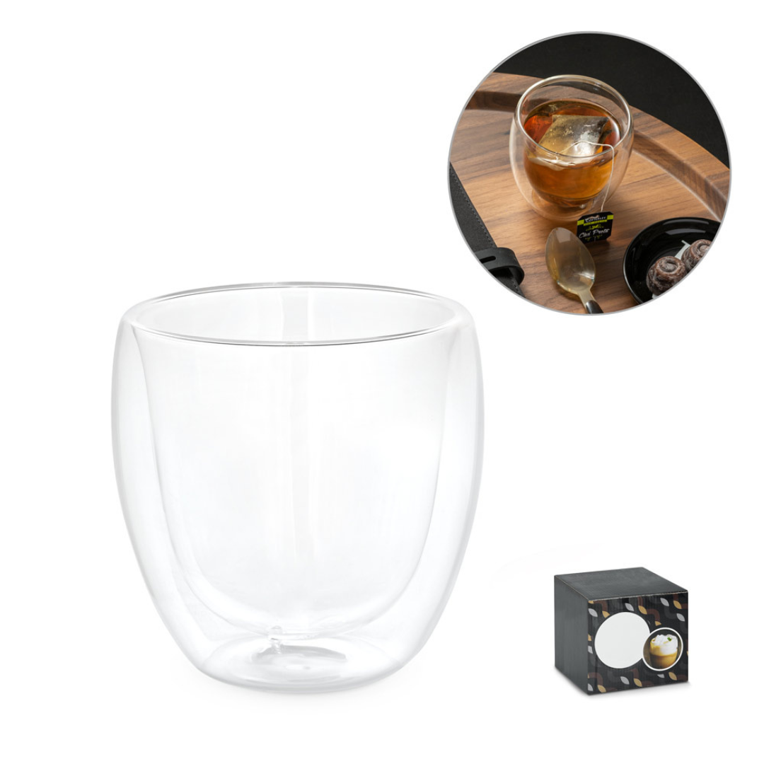 Vaso de vidrio borosilicato de 220 mL con doble pared aislante, perfecto para café o infusiones, regalo corporativo ecológico